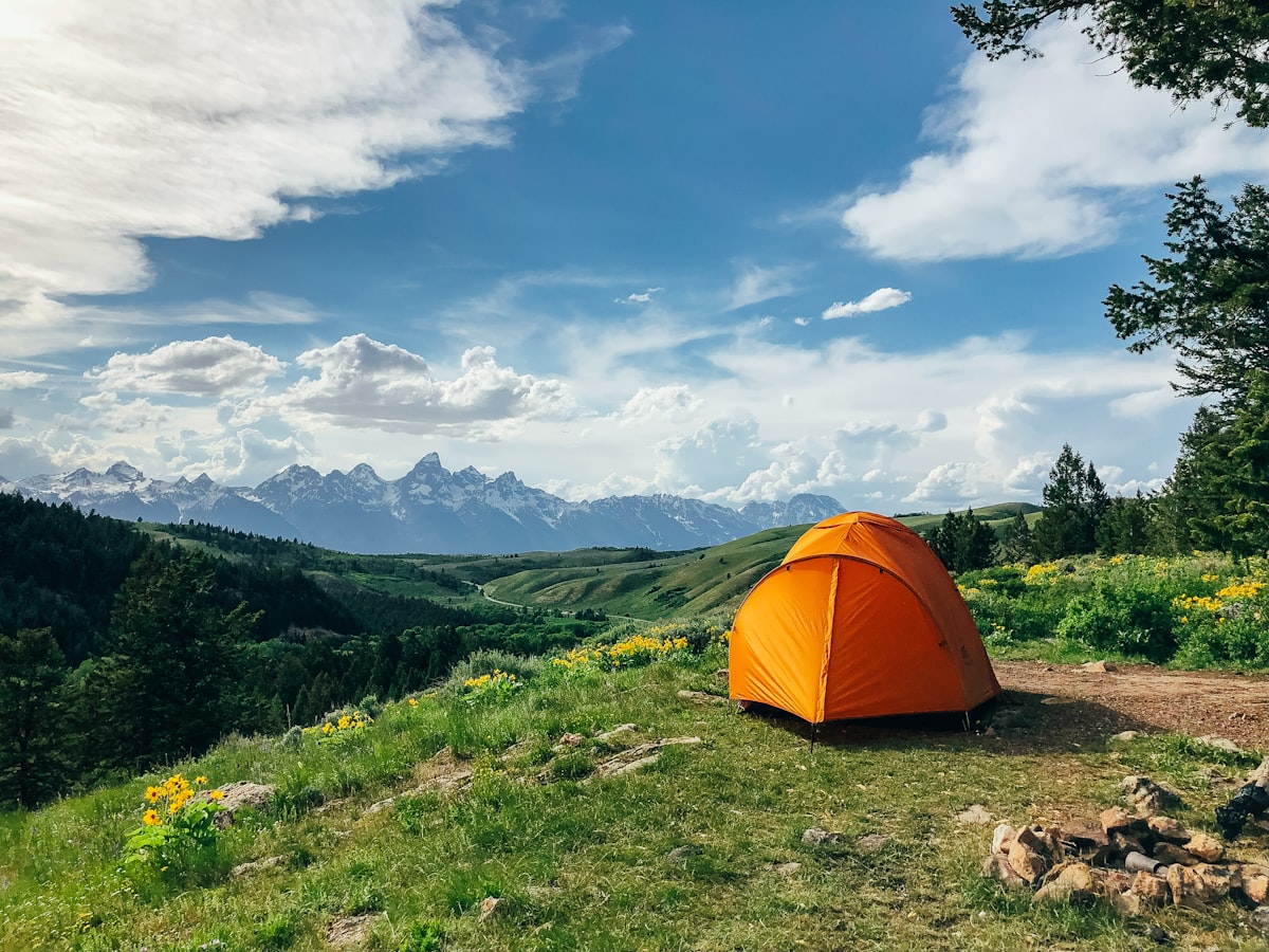 An orange tent with mesh panels pitched outdoors - solo camping bug protection